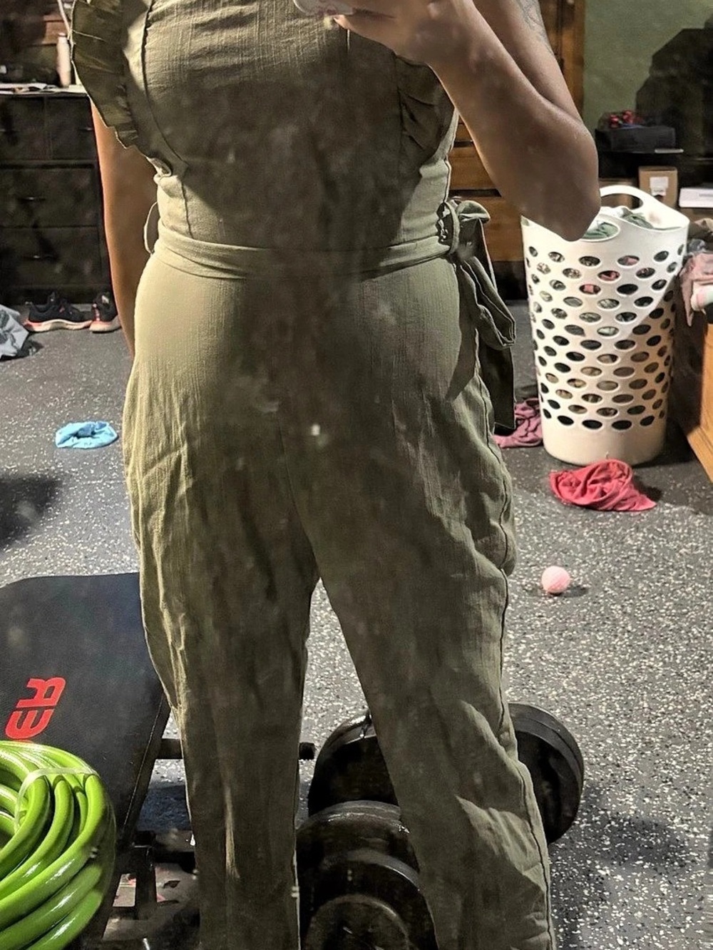 Olive Ruffle Strap Jumpsuit Like New
